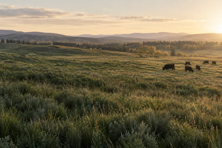 Open grazing land and a herd at sunrise